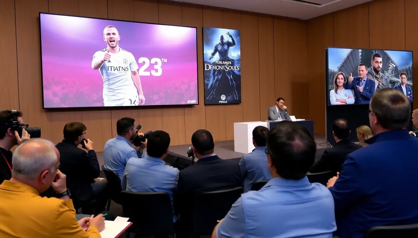 A group of gamers enthusiastically discusses the upcoming May 2023 PlayStation Plus game lineup, highlighting the mix of a popular football title and a challenging soulslike game.
