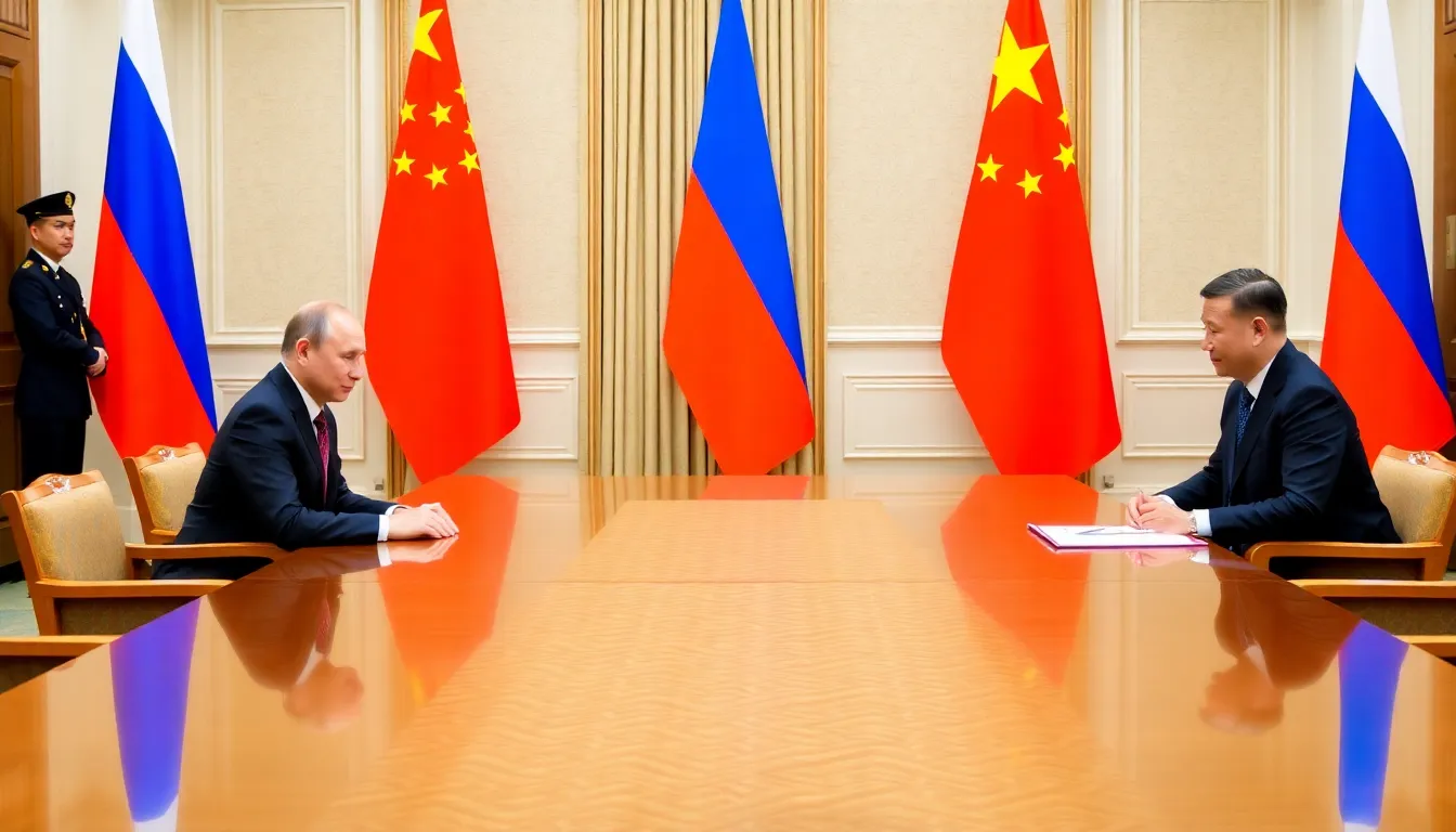Vladimir Putin and Xi Jinping shake hands during a bilateral meeting, symbolizing the strengthening ties between Russia and China amidst global tensions.