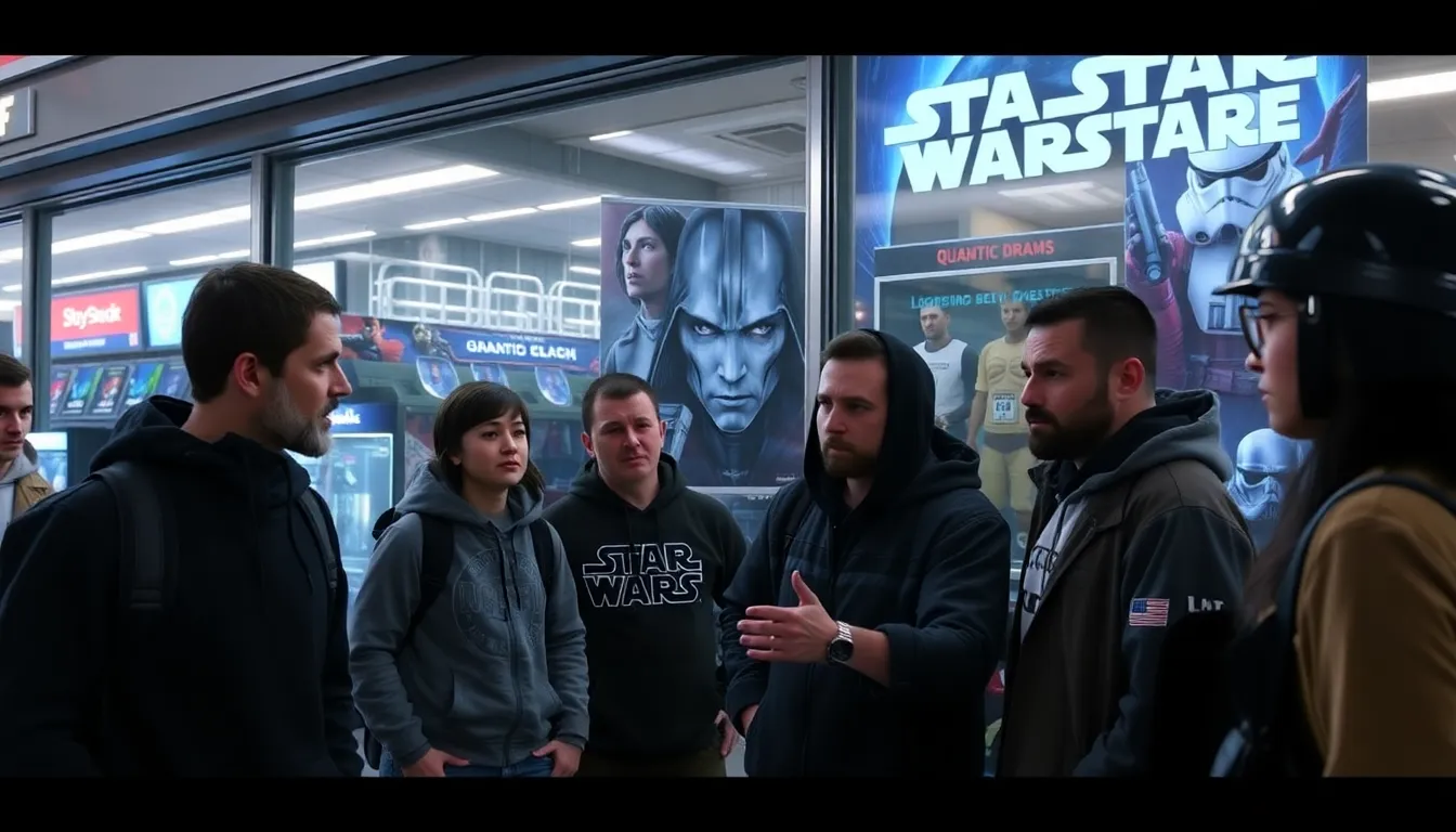 A group of developers at Quantic Dream discusses the progress of Star Wars Eclipse in a bustling office filled with concept art and gaming equipment.