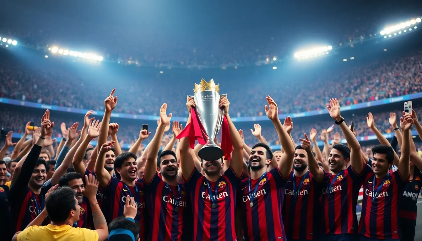 Marcus Rashford celebrates with teammates after scoring the winning goal for Barcelona against Real Madrid during a tense title match at Camp Nou.