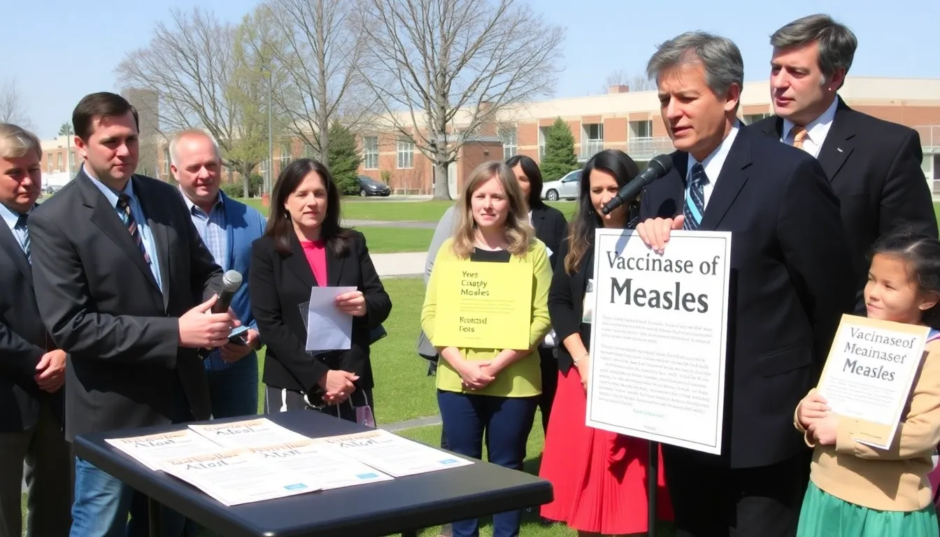 Robert F. Kennedy Jr. stands at a podium, passionately advocating for the measles vaccination for children during a press conference.