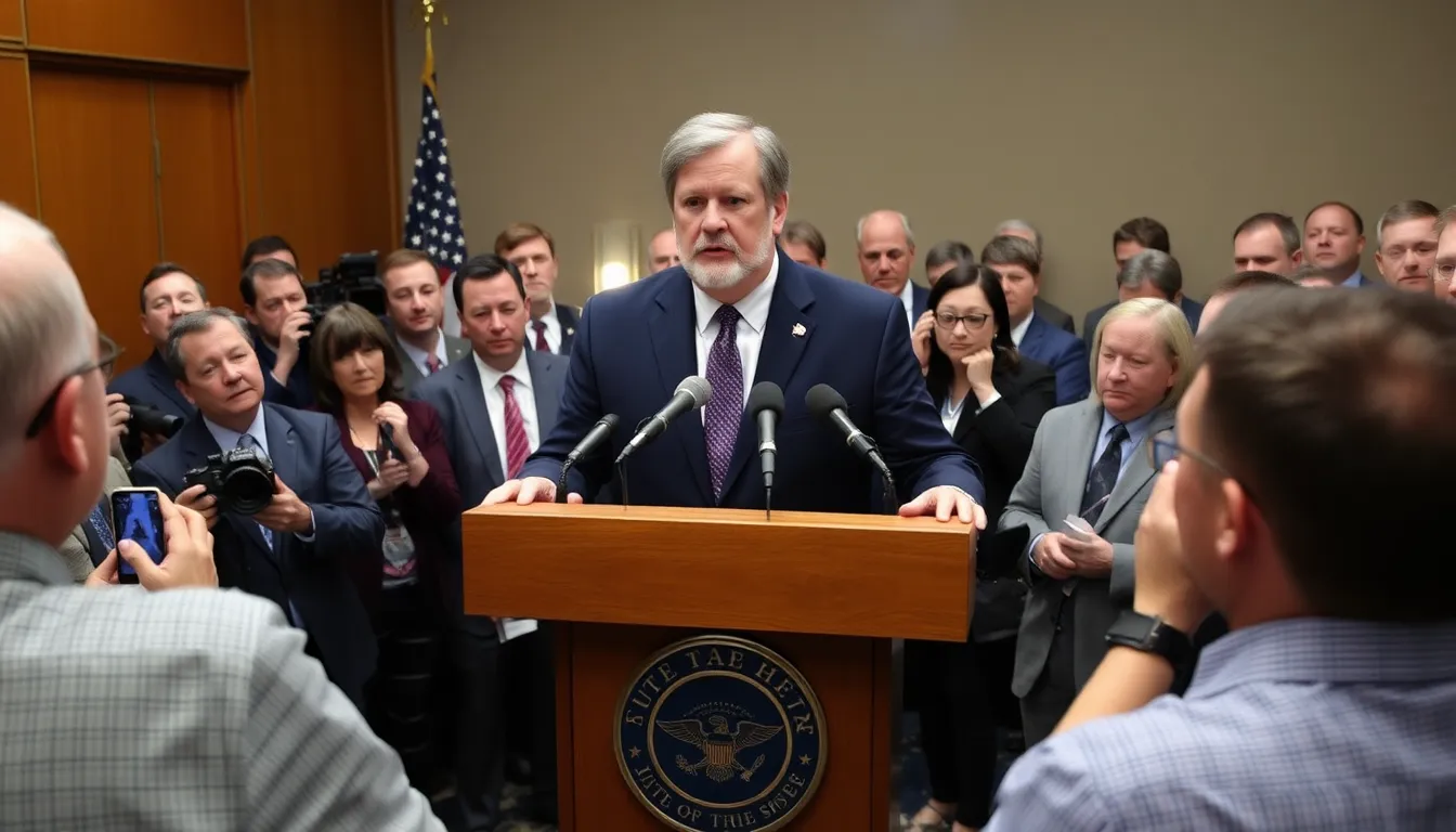 Rich Danker stands at a podium with a serious expression, announcing his resignation as a key spokesman for Robert F. Kennedy Jr.'s campaign in response to the proposed vaping policy.