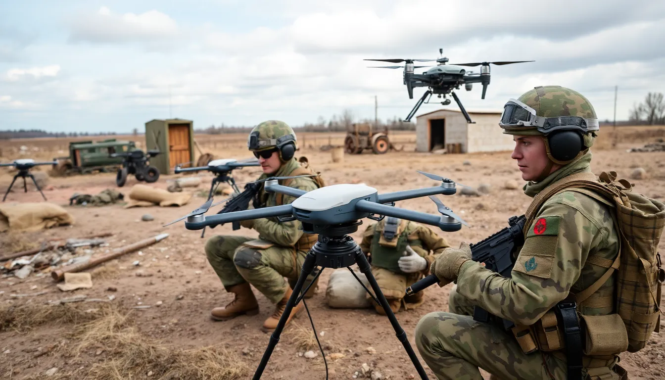 Ukrainian soldiers operate drones in a wartorn landscape, coordinating aerial strikes against enemy positions while smoke rises in the background.