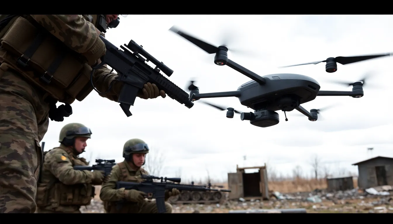 A Russian unmanned ground vehicle (UGV) equipped with weaponry maneuvering through a battlefield, illustrating the deployment of robotic technologies in ground operations