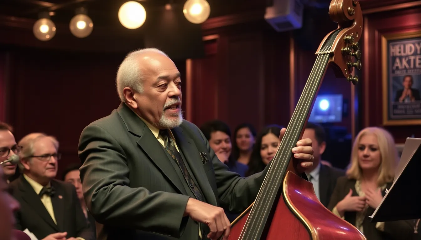 Ron Carter performs on stage with his bass, captivating the audience with his intricate melodies during a live jazz concert.