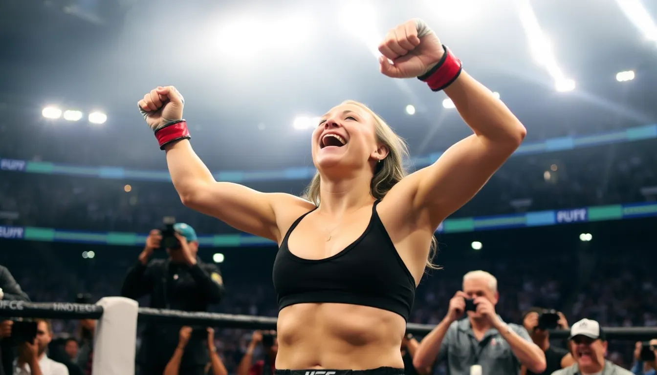 Ronda Rousey celebrates her swift victory over Gina Carano in a packed arena, with fans reacting in shock and excitement.
