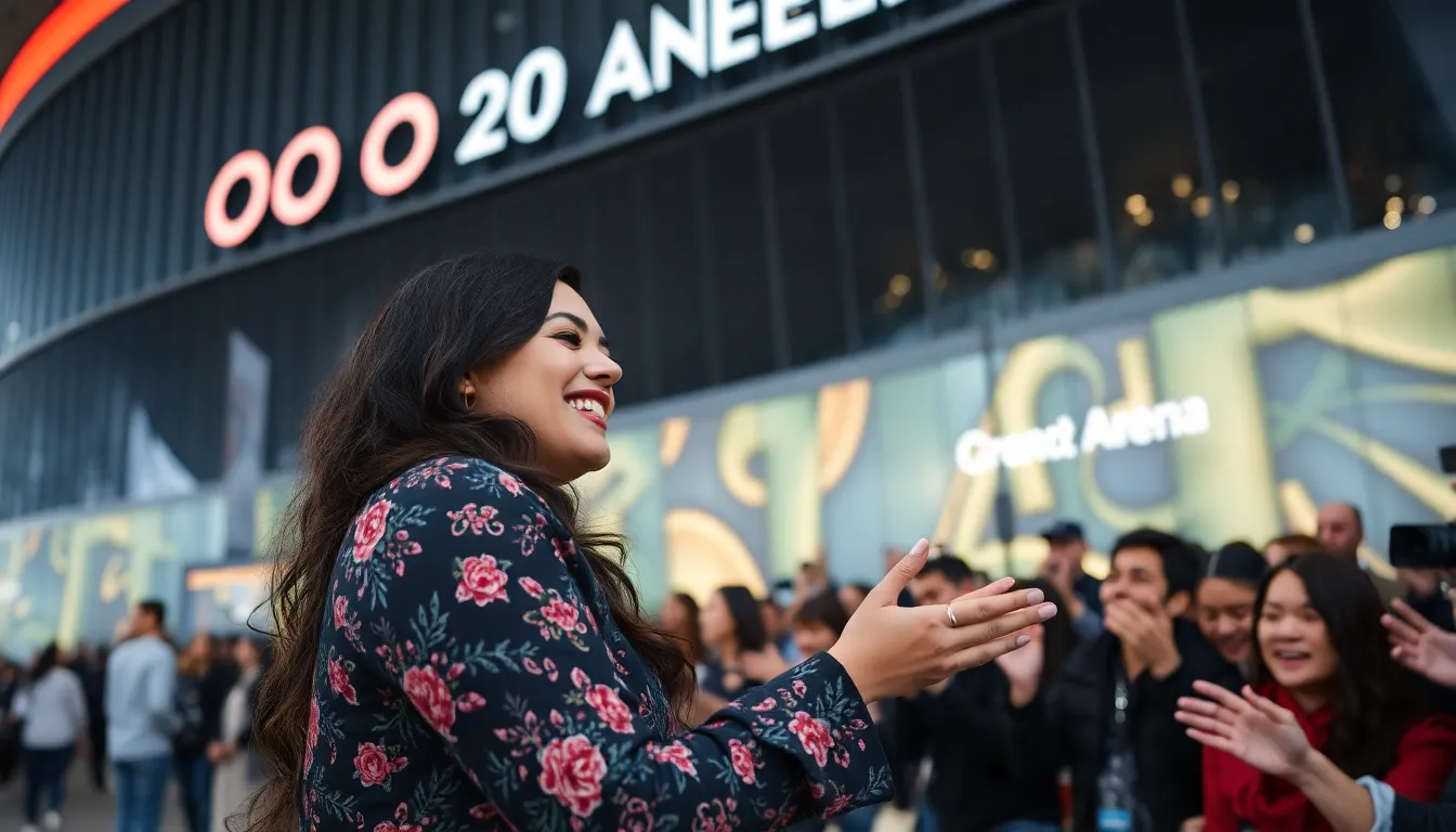 Fans enthusiastically wave flags and dance along, creating an electrifying atmosphere as they celebrate Rosalía's unique fusion of flamenco and modern pop