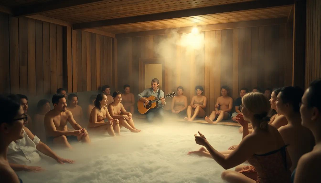A local band performs live music for an intimate group of saunagoers in a Helsinki spa, showcasing the growing trend of sauna concerts that blend relaxation with entertainment.