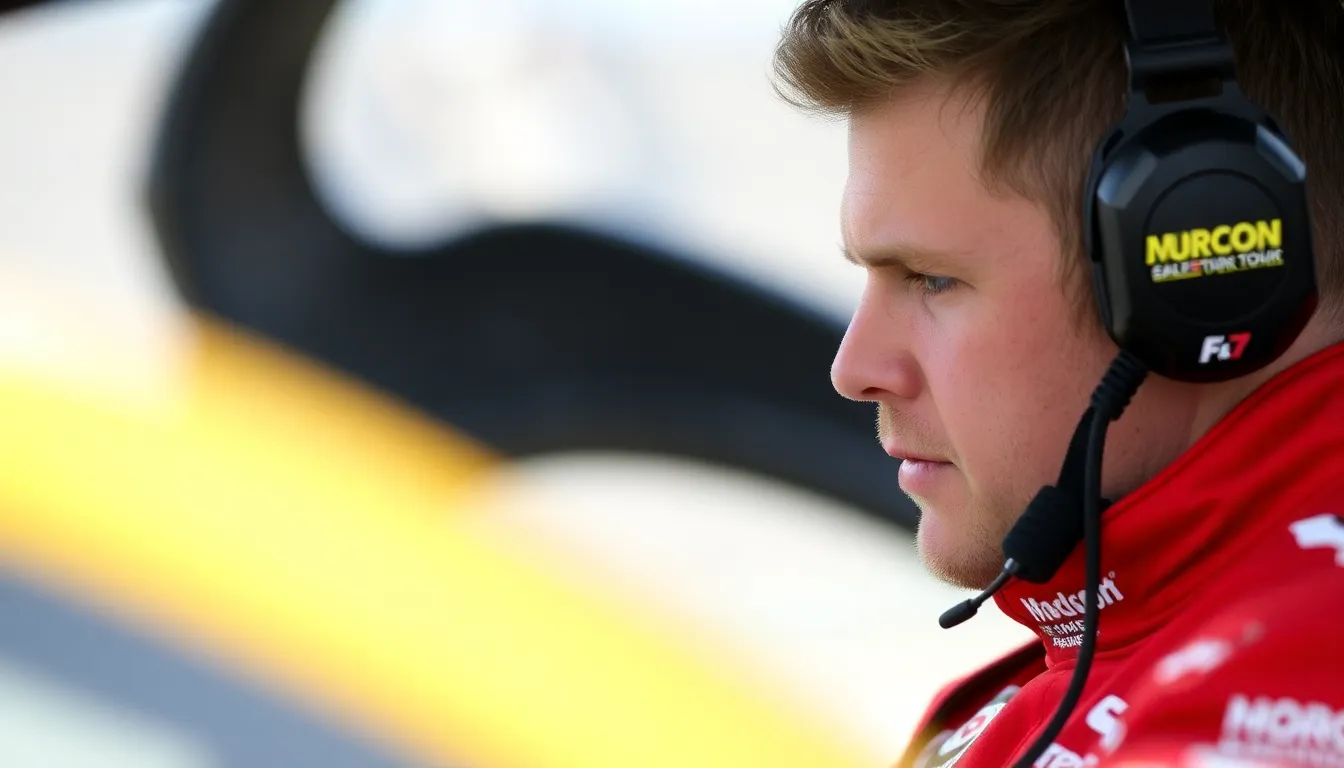 Scott McLaughlin is seen in his racing suit, focused and determined, as he participates in preseason testing at the Indianapolis Motor Speedway, preparing for the upcoming Indy 500.