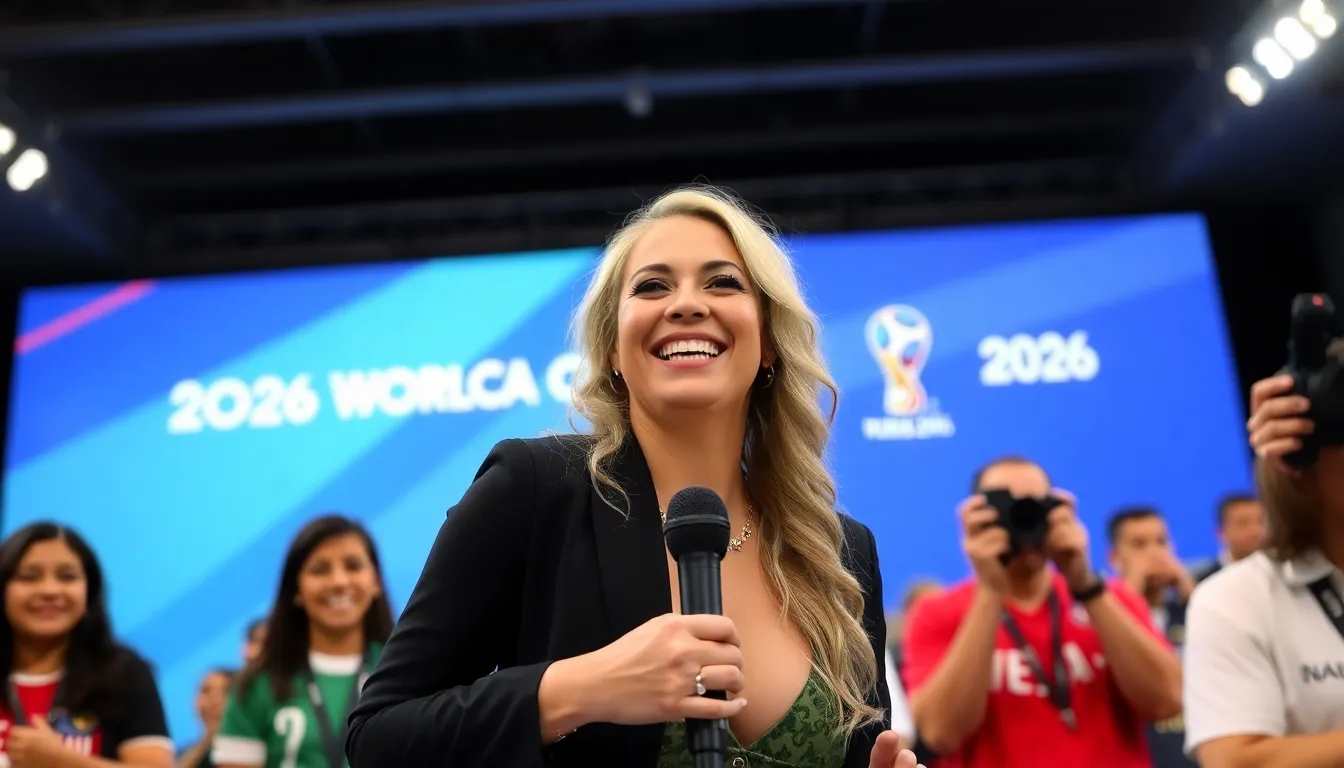 Shakira stands on stage with a microphone, surrounded by colorful lights and an enthusiastic crowd, as she announces her official song for the 2026 FIFA World Cup.