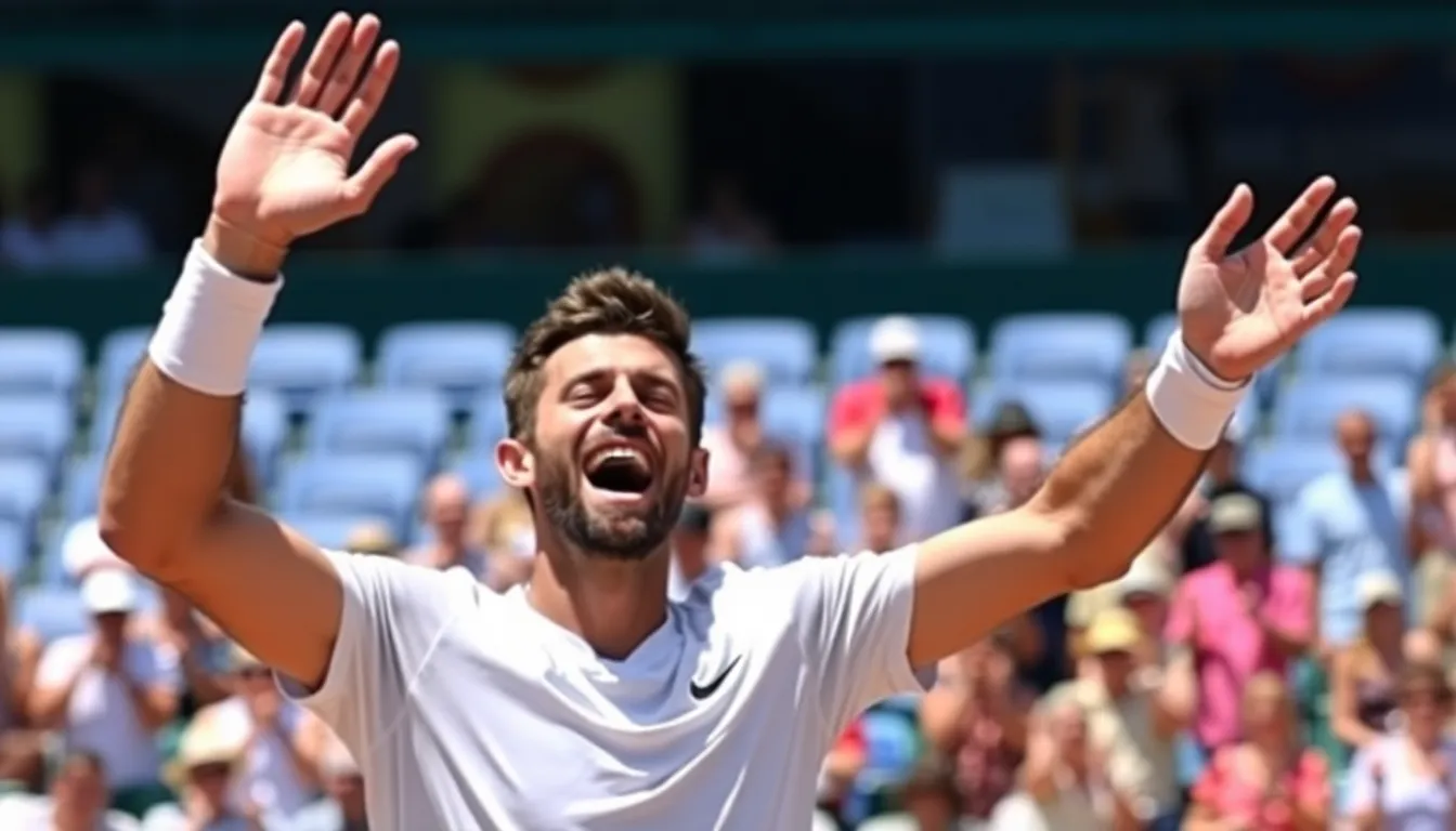 Jannik Sinner celebrates his victory over Carlos Alcaraz at the ATP Finals, raising his arms in triumph as the crowd cheers in the background.