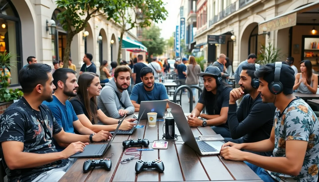 A group of gamers enthusiastically discusses the newly released indie video game Mixtape, surrounded by retro posters and memorabilia that evoke the nostalgia of the late 80s and early 90s.