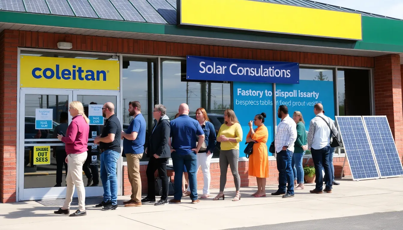 Homeowners are seen inspecting newly installed solar panels on their rooftops, reflecting the growing trend towards renewable energy as a costsaving measure.