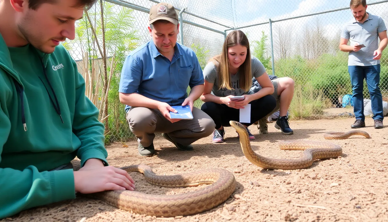 A group of scientists discusses the implications of snake intelligence on conservation efforts, surrounded by images of various snake species