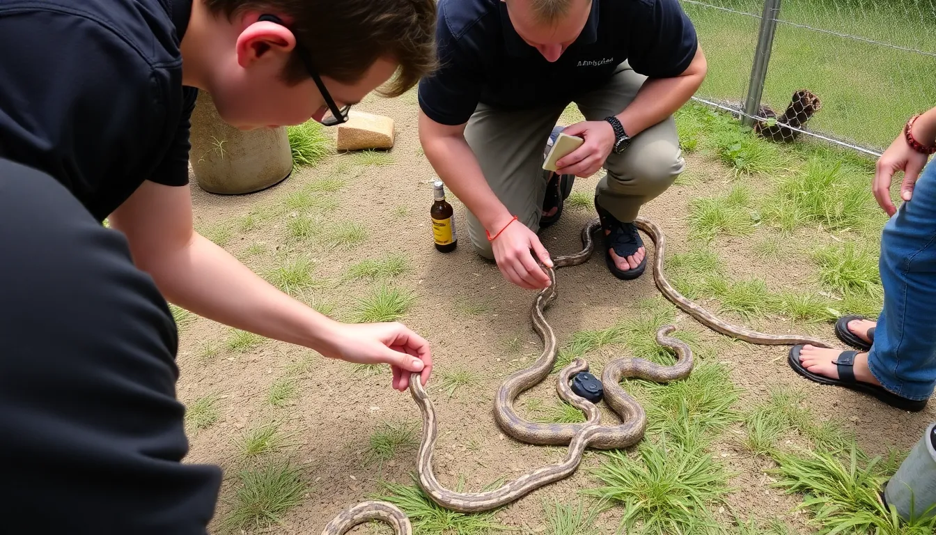 A researcher observes a snake navigating a complex maze during an experiment designed to test its problemsolving abilities.