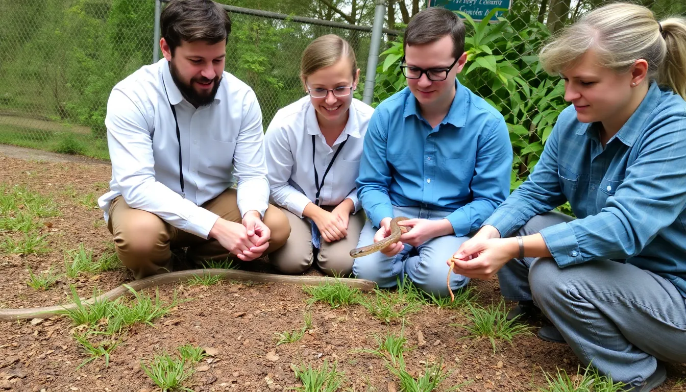A conservationist interacts with local community members, emphasizing the importance of understanding snake intelligence for habitat protection and ecological balance