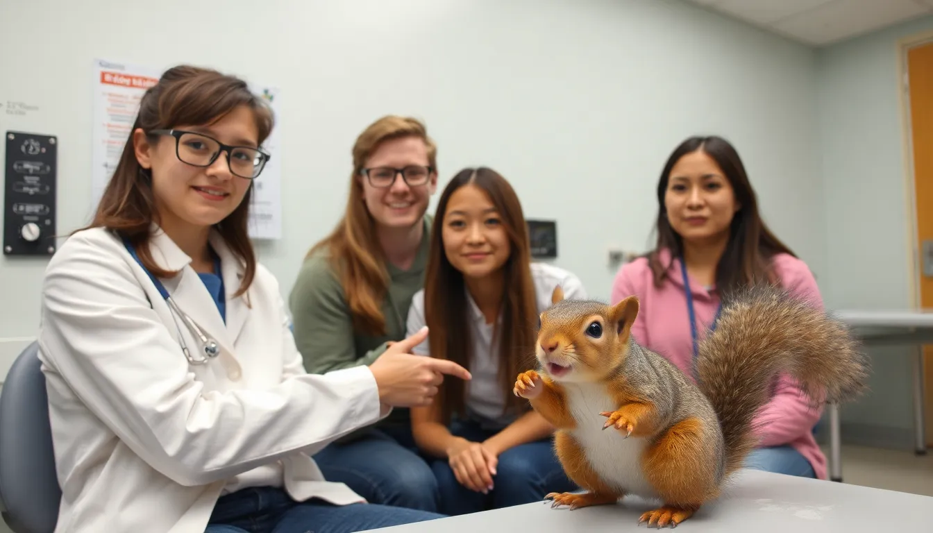 A crowd of students and faculty members gathers outside a university building, visibly alarmed as campus security officers discuss the recent squirrel bites that have caused widespread concern.