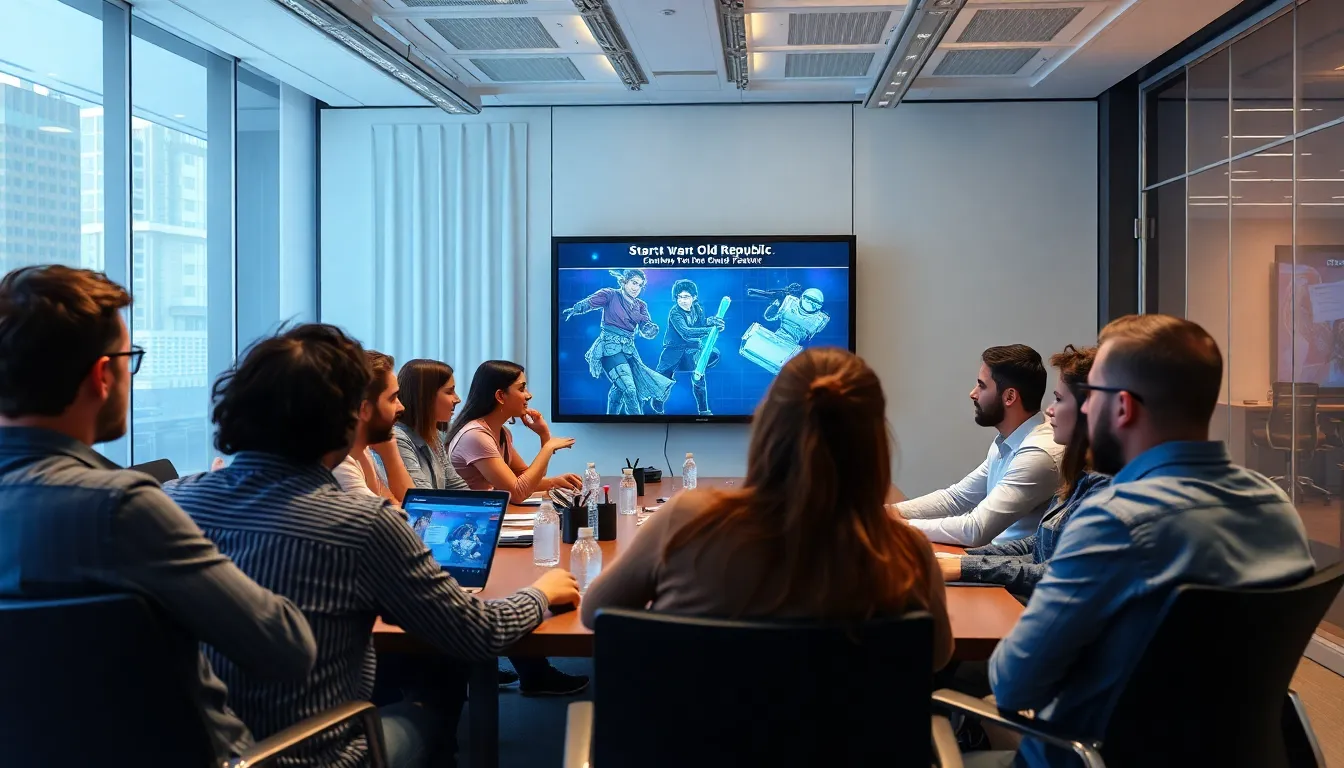 A group of developers collaborates around a table, discussing design concepts and gameplay mechanics for the upcoming Star Wars Fate of the Old Republic game.