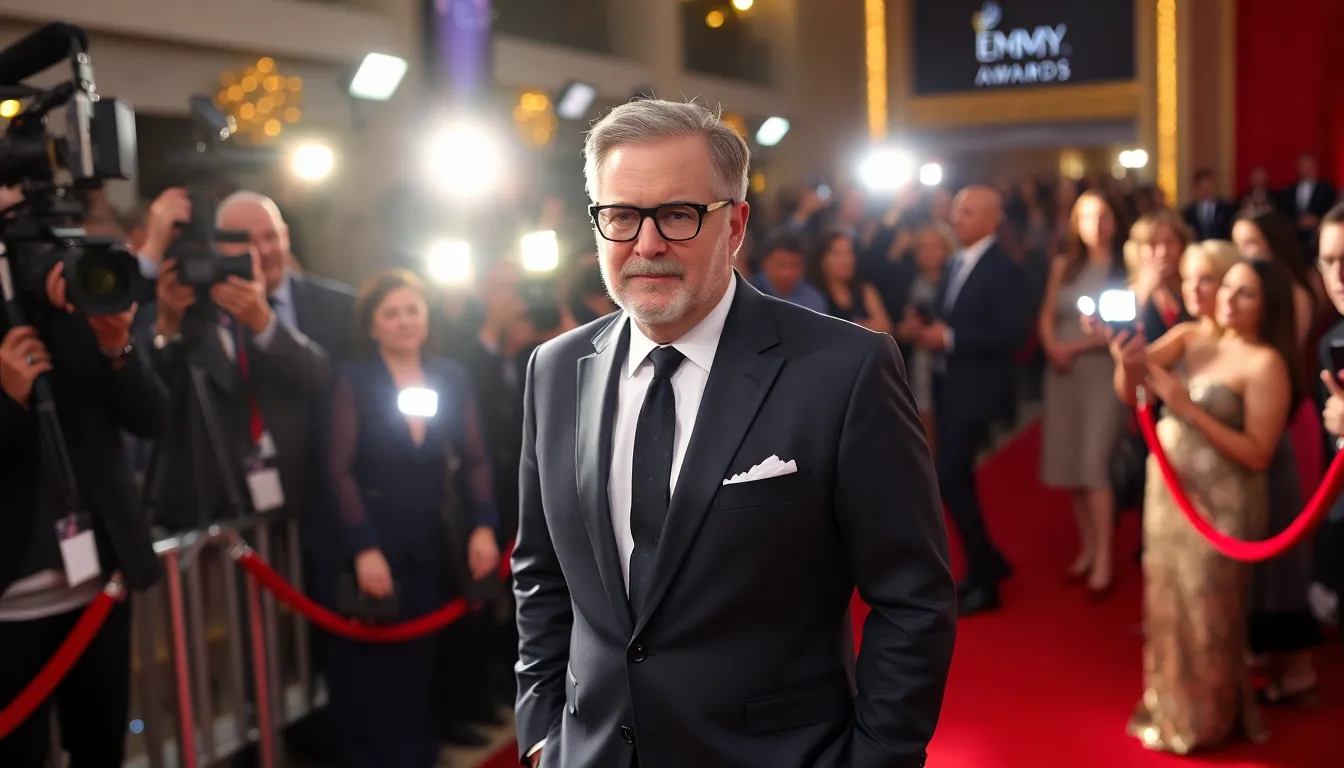 Steve Carell stands on the red carpet at the Emmy Awards, surrounded by reporters and flashing cameras, as he discusses his latest role in "Rooster" and the anticipation of potentially winning his first Emmy.
