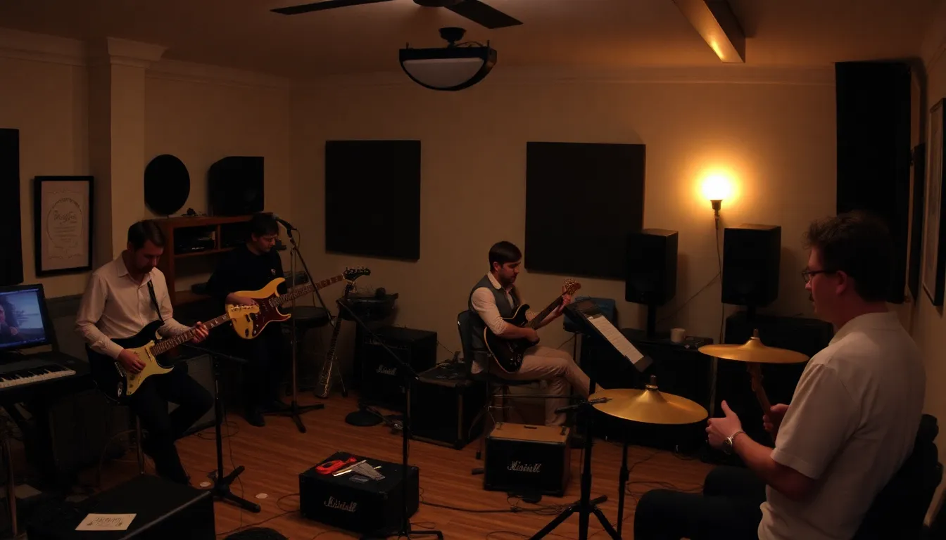A band performs energetically on stage while a small crowd enjoys the live music at a local venue, illustrating the blend of passion and necessity in their careers.