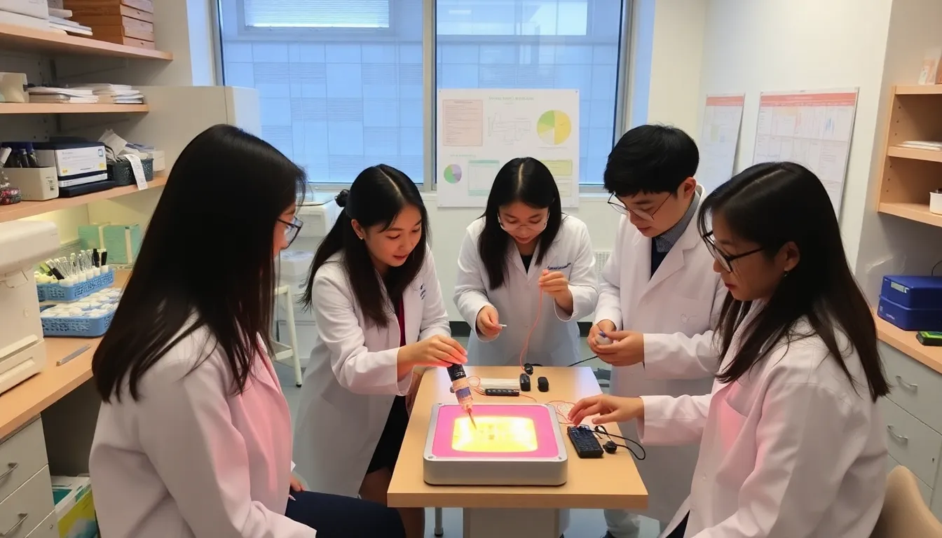 A group of scientists in lab coats examines a solar energy storage prototype in a research facility, surrounded by equipment and charts detailing their findings on energy efficiency.