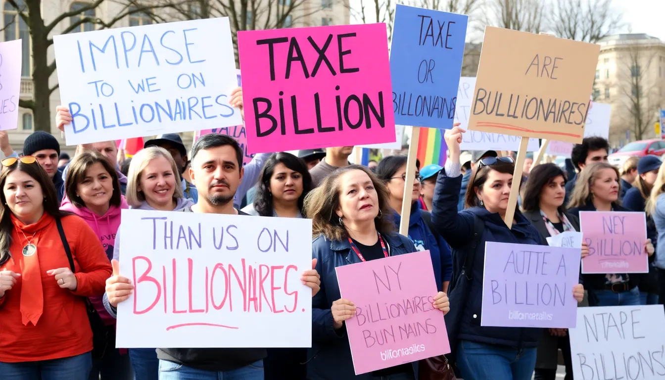 A group of protesters holding signs advocating for higher taxes on the wealthy gathers outside a government building, expressing their support for economic equality.