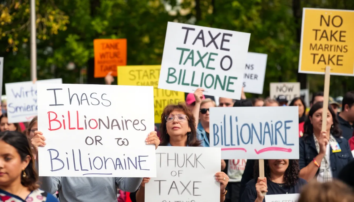 A political rally where supporters of wealth tax proposals are holding signs advocating for increased taxes on billionaires