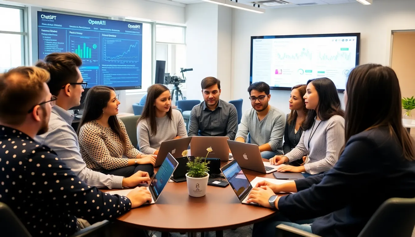 A group of engineers discusses the latest advancements in artificial intelligence at a tech conference, surrounded by displays showcasing innovative products and solutions.