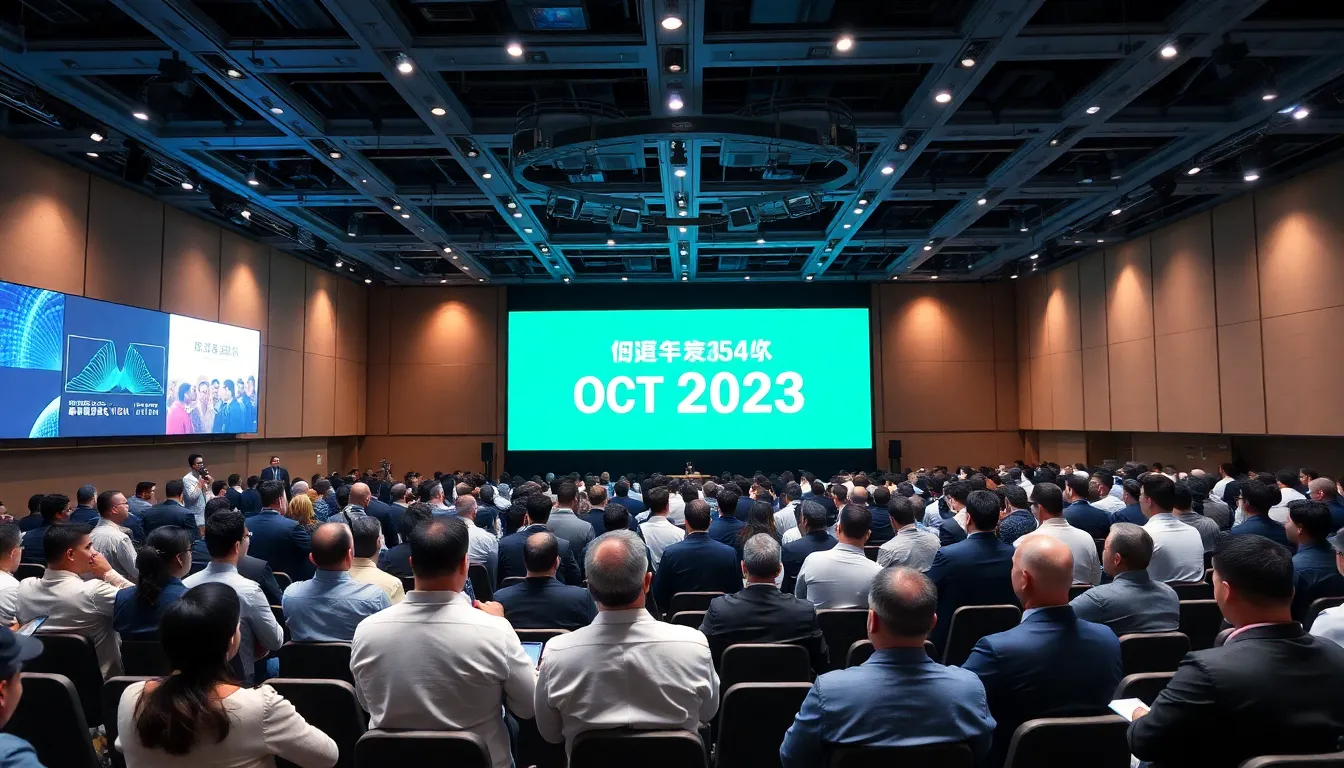 テクノロジーの展示会で、最新の人工知能技術を紹介するブースに訪れる来場者たち。