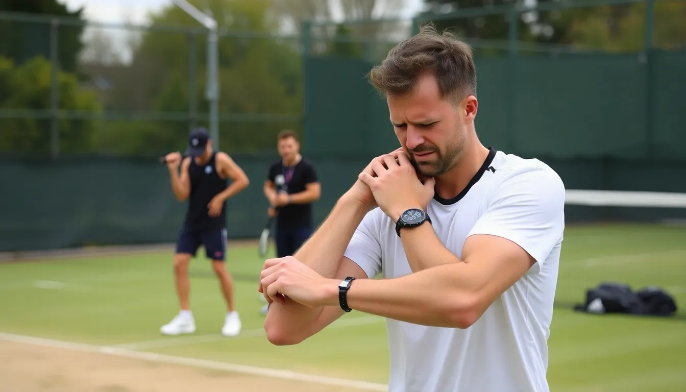 A group of concerned tennis coaches discusses strategies to address the rising injury rates among British players during a training session at a local facility.