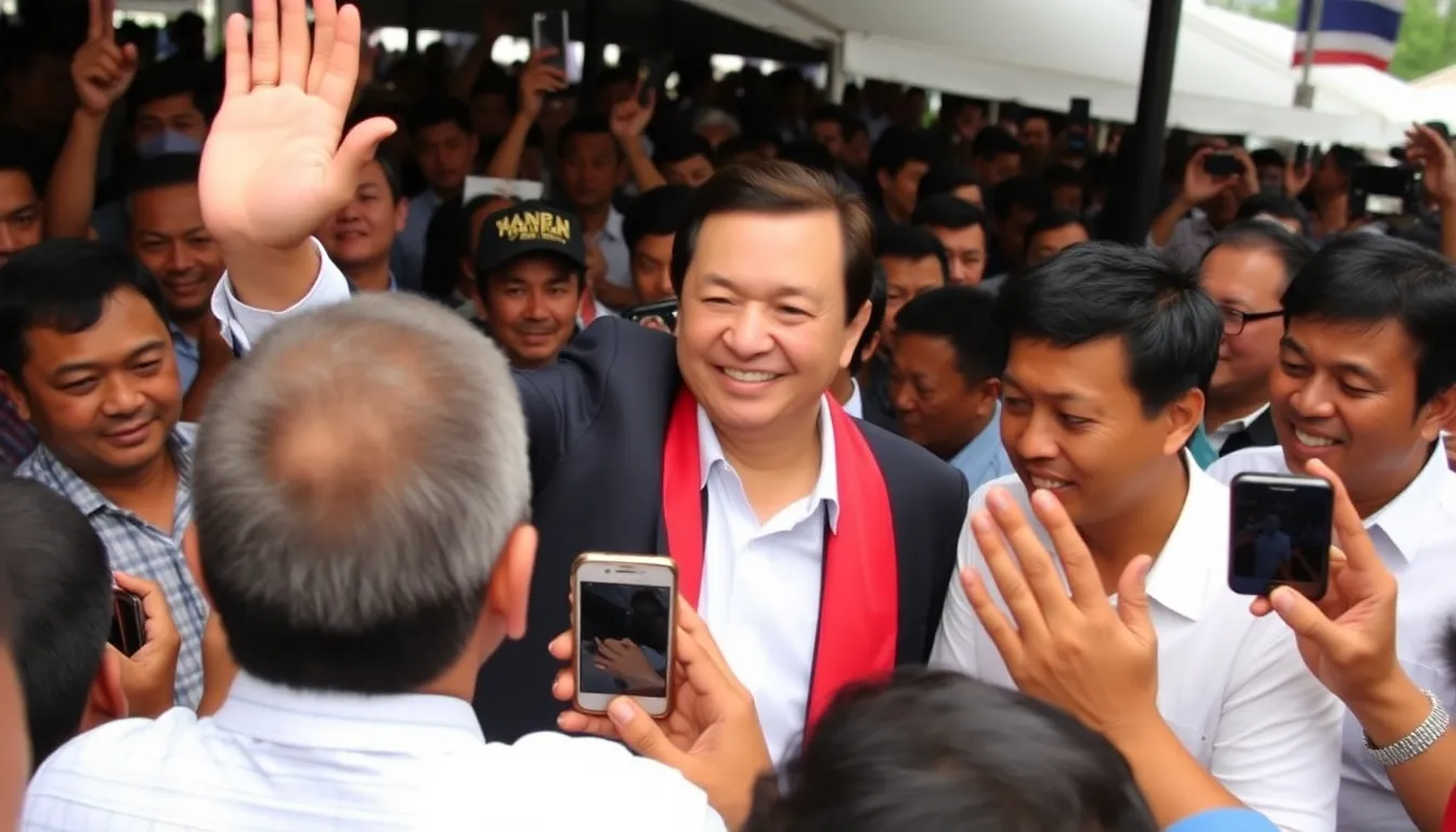Thaksin Shinawatra smiles as he greets supporters outside a prison facility after his release, surrounded by a crowd holding banners and flags in a show of political solidarity.