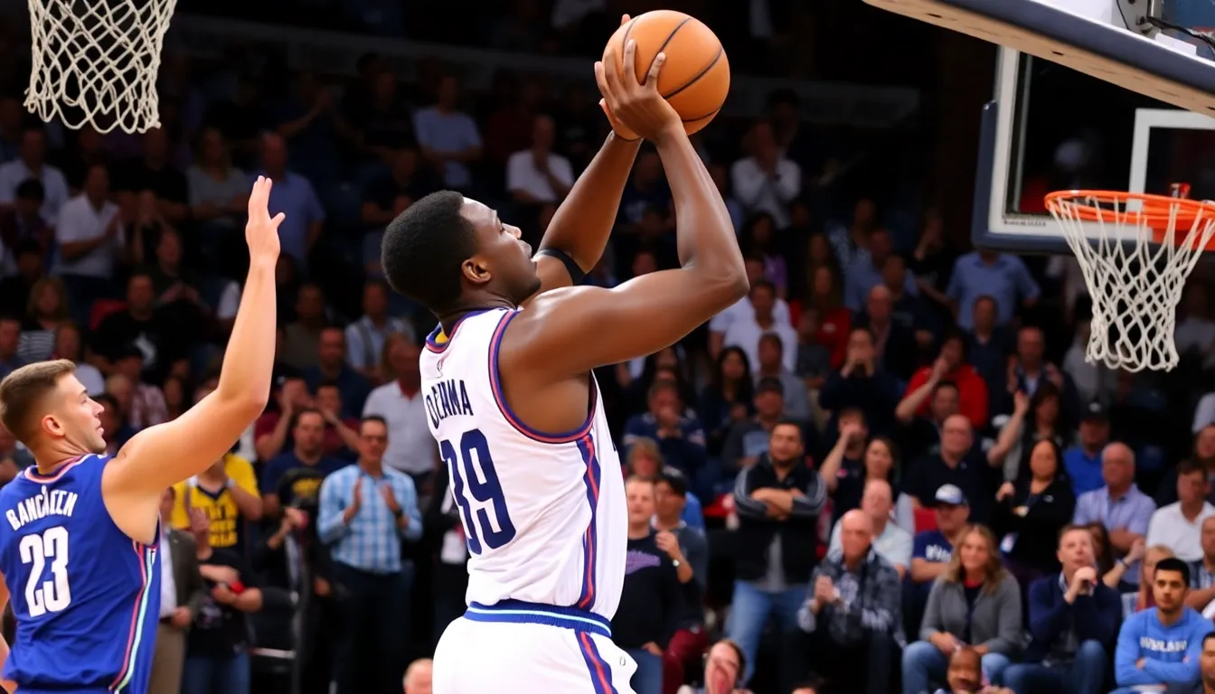Victor Wembanyama leaps to block a shot during a tense moment in the NBA playoff game, with Timberwolves players visibly expressing their frustration over the call.