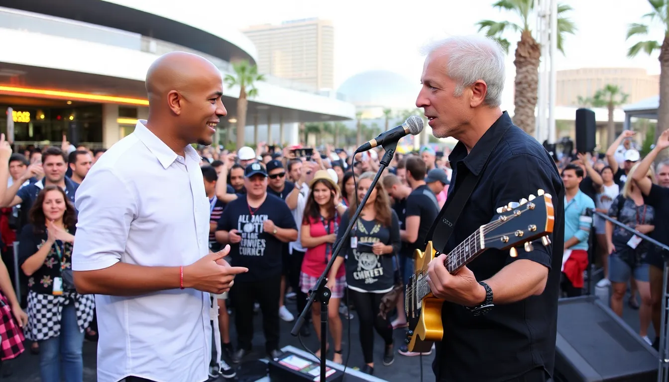 Tony Kanal speaks animatedly during an interview about No Doubt's upcoming residency at the Las Vegas Sphere, surrounded by promotional materials showcasing the venue's innovative design.