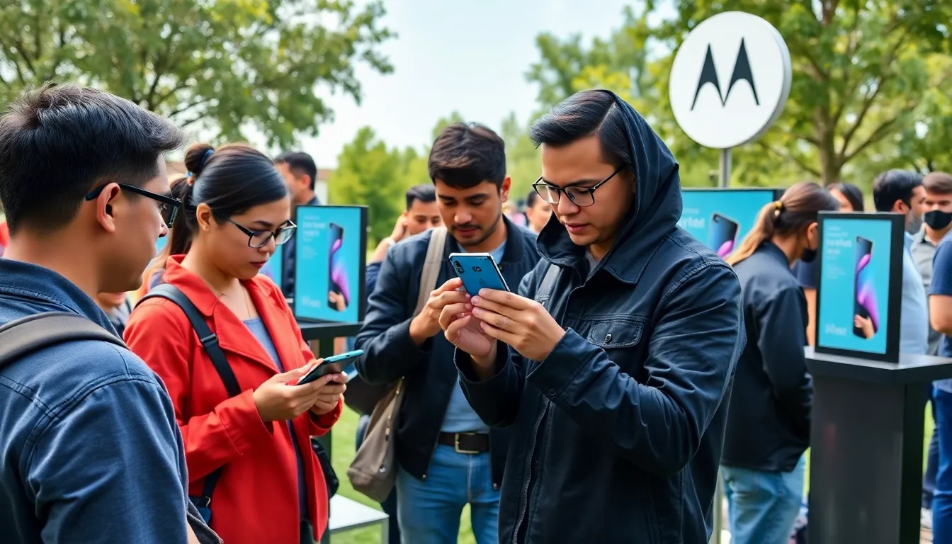 A crowd gathers outside a tech conference venue, eagerly awaiting the unveiling of Motorola's latest foldable smartphones and electric air taxis.