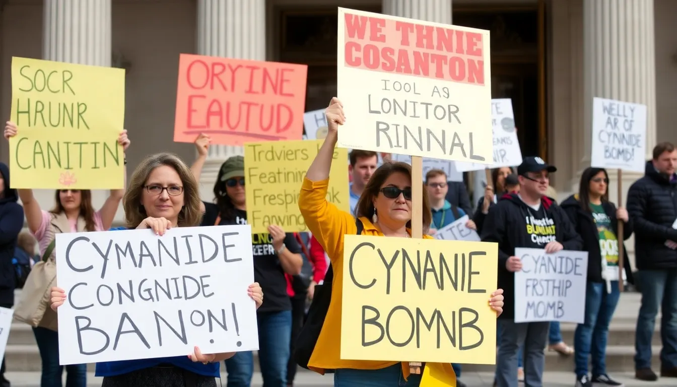 A group of protesters holding signs gathered outside a government building to voice their opposition to the lifting of the ban on cyanide bombs, emphasizing concerns for wildlife and environmental safety.