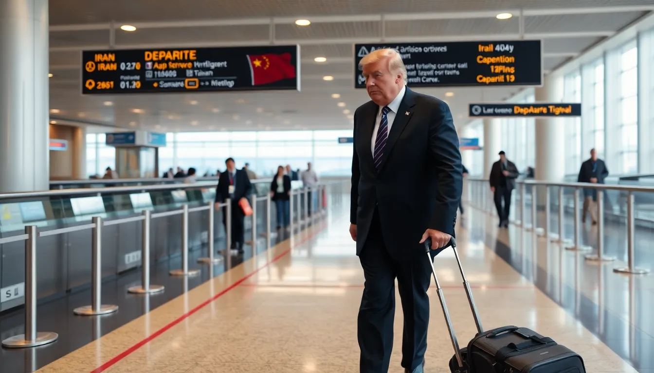 Former President Donald Trump is seen speaking with Chinese officials during his visit, as discussions about Iran, Taiwan, and artificial intelligence take place in a tense atmosphere.