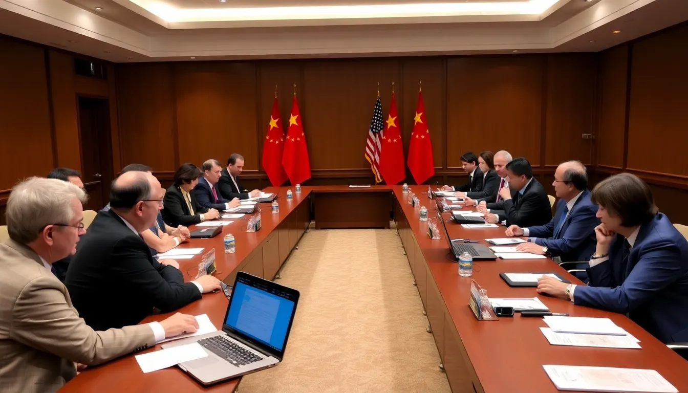 Former President Donald Trump speaks at a podium during a press conference, addressing the recent tariff decisions impacting trade negotiations with China.
