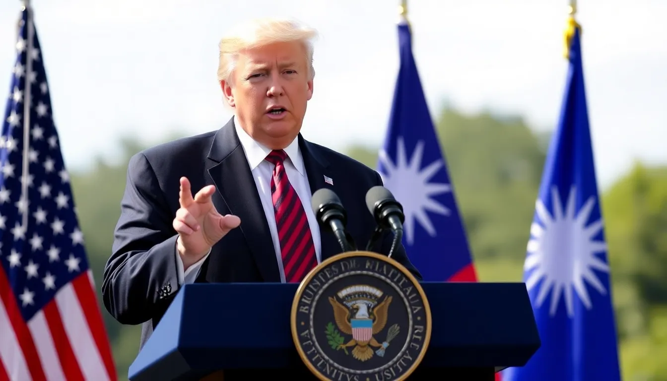 Former U.S. President Donald Trump speaks at a podium during a public appearance, addressing concerns about Taiwan's independence amidst rising tensions with China.