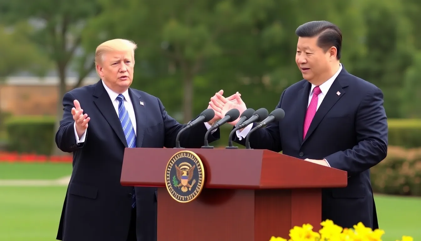 Trump and Xi shake hands at a roundtable during the APEC summit, surrounded by officials and flags representing their nations.