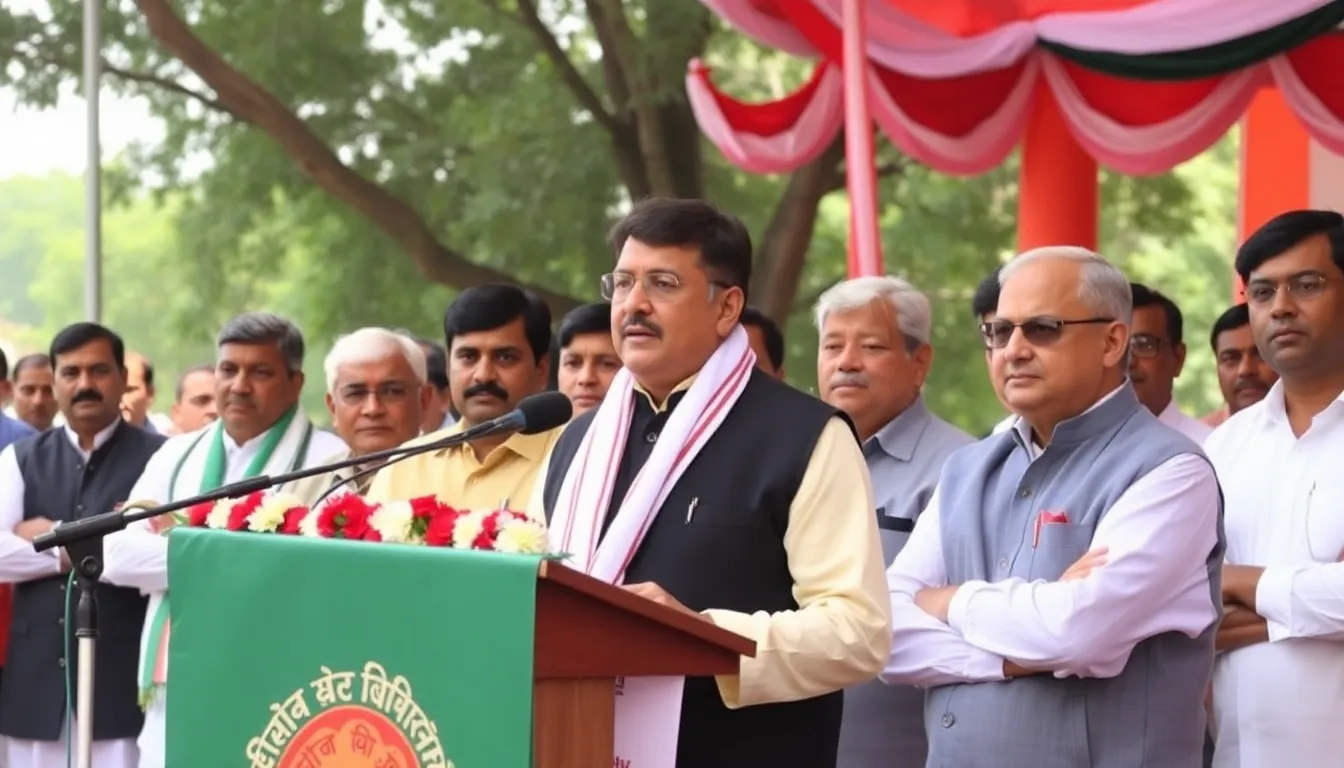 Suvendu Adhikari stands confidently at a podium during his inauguration as the Chief Minister of West Bengal, surrounded by supporters and party officials celebrating his political ascent.