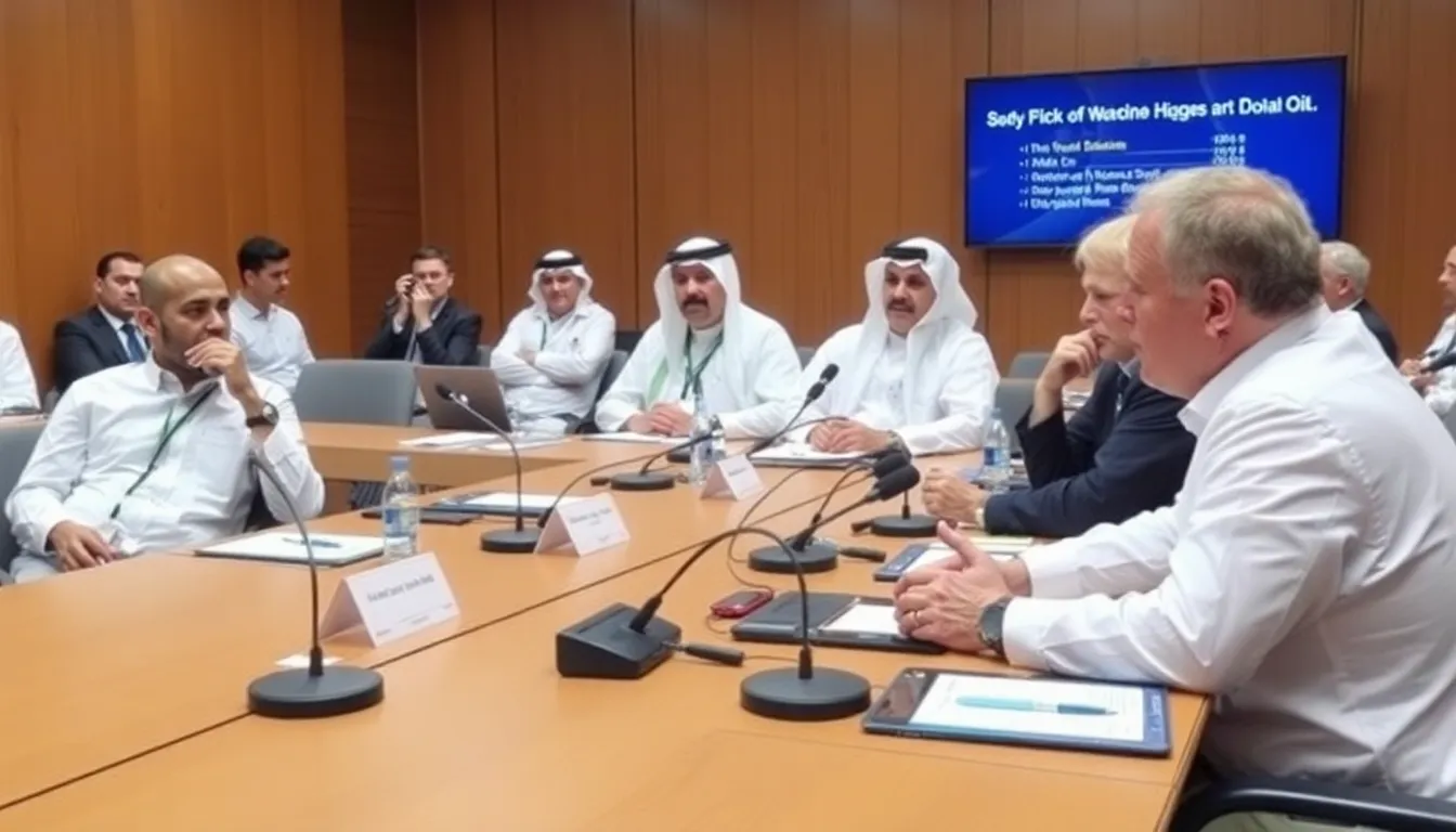 A group of oil industry analysts gathers around a table, discussing the implications of the UAE's potential exit from Opec, with charts and data on oil production displayed on a screen behind them.