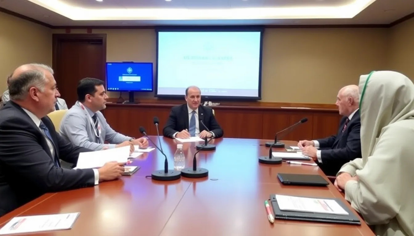 A meeting room filled with OPEC representatives, showcasing the discussions and disagreements over oil production strategies among member states