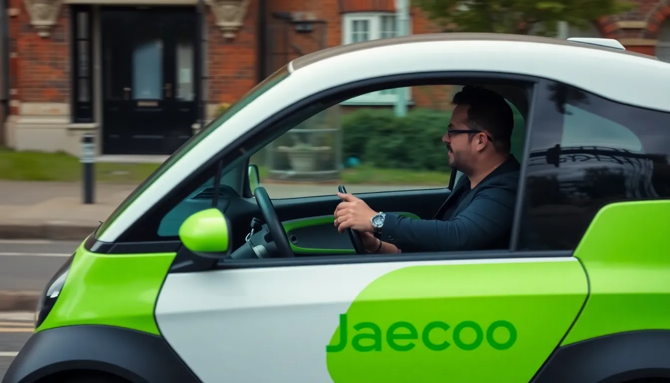 A group of UK drivers stands outside a car dealership, examining a new Chinese electric vehicle while discussing insurance options and concerns about coverage.