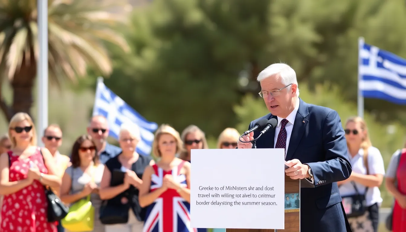 A scenic view of a popular Greek tourist destination filled with British visitors enjoying their holiday, reflecting the anticipated boost in tourism
