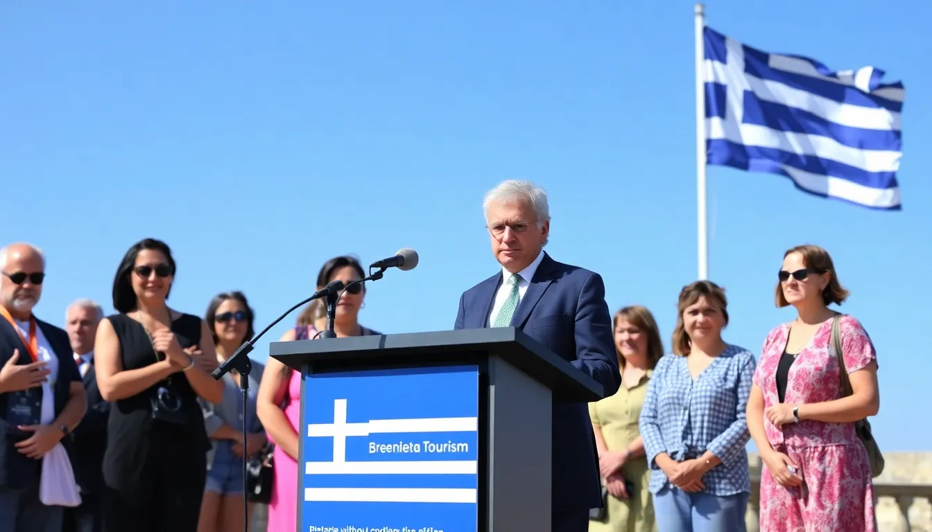 The Greek tourism minister announces the easing of border procedures for British travelers during a press conference, highlighting the government's efforts to ensure a smooth travel experience this summer.