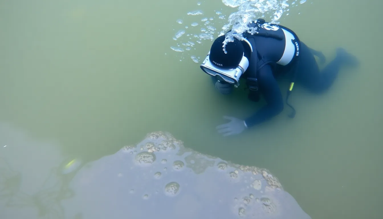 A diver examines a patch of deteriorating seagrass in a coastal area, highlighting the impact of sewage and agricultural pollution on the underwater forest ecosystem.