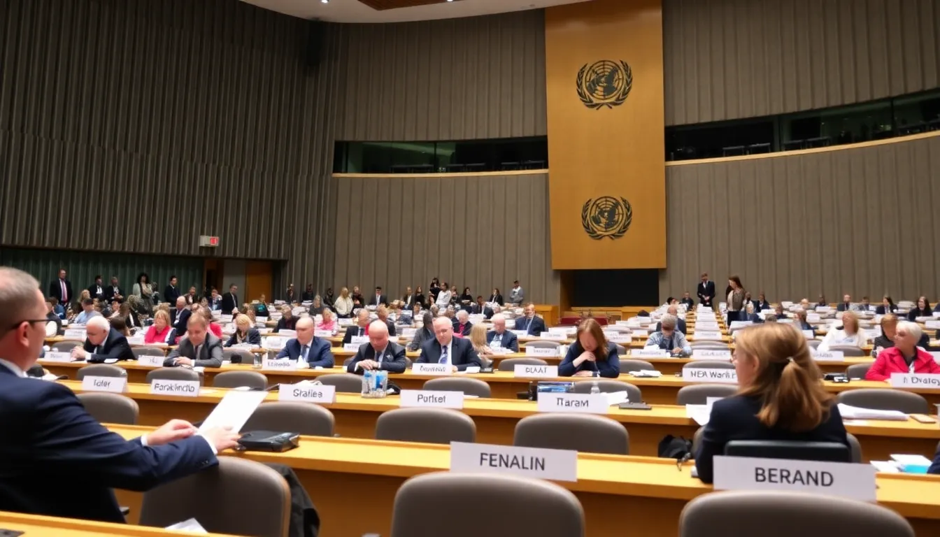 Delegates from over 40 countries gather in a conference room in New York, engaged in discussions about phasing out fossil fuels amid ongoing UN climate negotiations.