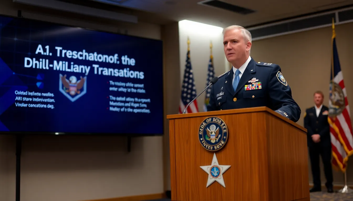 Military personnel engage in training exercises that incorporate artificial intelligence technologies to enhance decisionmaking and operational efficiency on the battlefield
