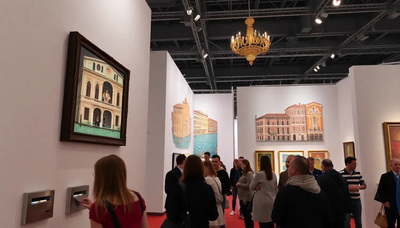 A crowd of visitors interacts with Lydia Ourahmane's light installation in a bustling Venetian square, as the vibrant colors illuminate the historic architecture surrounding them.