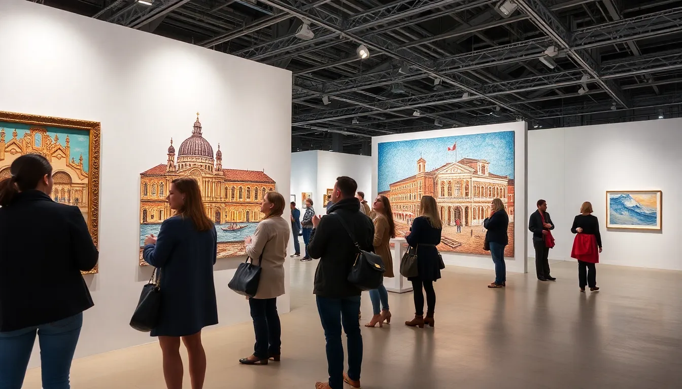 A bustling street in Venice filled with tourists and locals, all captivated by the innovative art installation that reflects the city's rich history and modern challenges